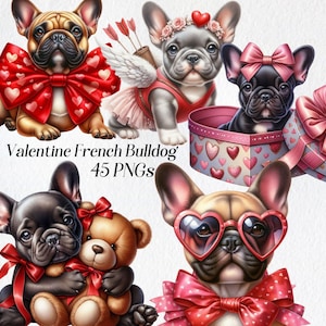 Valentinstag Französische Bulldogge Clipart, Aquarell Liebe Hund Clip Art, png, Hunderassen, romantisch, glücklicher Valentinstag, Herzen, süßer Hund, digital