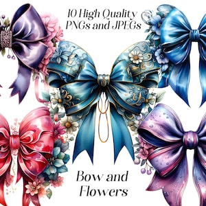 May include: Ten watercolor illustrations of bows with floral embellishments. The bows are in shades of blue, purple, and pink. The flowers are in shades of blue, pink, and white. The text "Bow and Flowers" is written below the bows.