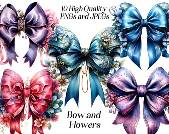 Watercolor Floral Bow Clipart: Shabby Chic Ribbon Graphics (Digital Download)
