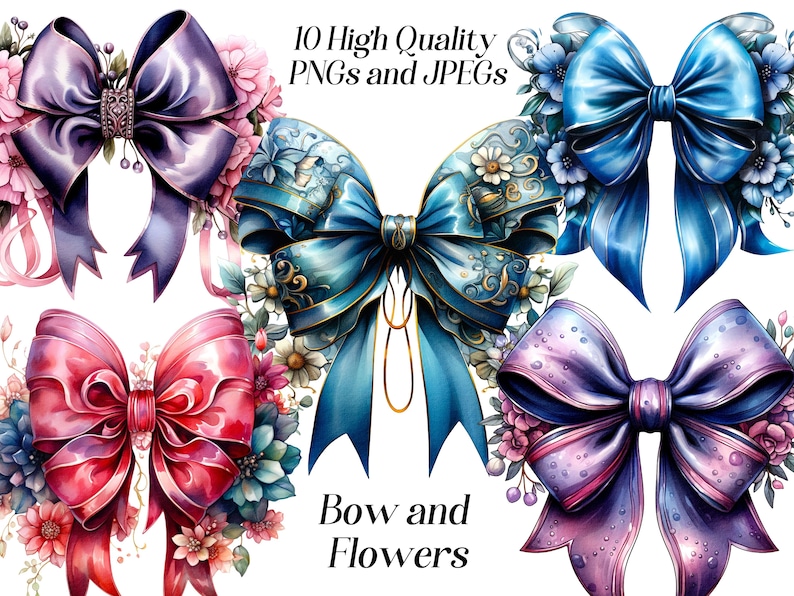 May include: Ten watercolor illustrations of bows with floral embellishments. The bows are in shades of blue, purple, and pink. The flowers are in shades of blue, pink, and white. The text "Bow and Flowers" is written below the bows.