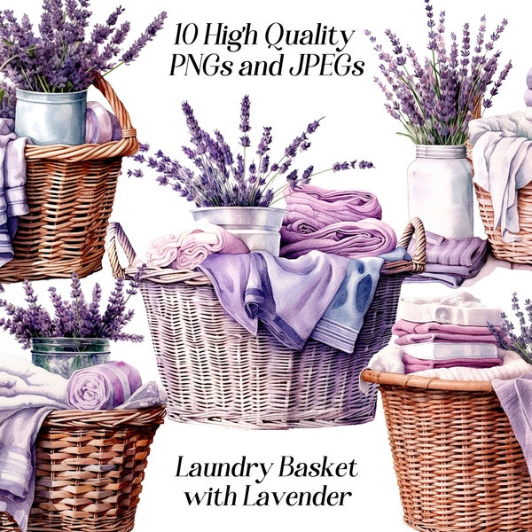 Watercolor laundry basket clipart, 10 high quality JPEG and PNG files, housekeeping, housekeeping, laundry day, laundry with lavender
