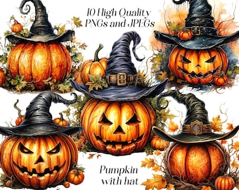 Watercolor Halloween Pumpkin Clipart, PNG JPEG Files (Digital Download)