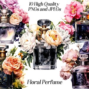 水彩香水クリップアート、10 個の高品質 JPEG および PNG ファイル、花柄の香水、花の入った香水瓶、美容、ファッション、印刷可能