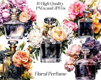 Può includere: Cinque flaconi di profumo in vetro con accenti floreali. I flaconi sono trasparenti, neri e viola. I fiori sono bianchi, rosa, gialli e viola. Il testo "10 High Quality PNGs and JPEGs" e "Floral Perfume" è visibile.