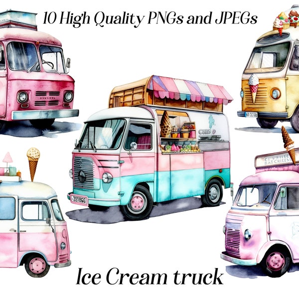 Watercolor Ice Cream truck clipart, 10 High Quality JPEGs, Ice cream van, Ice cream shop, printable graphics, commercial use