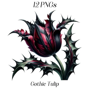 Aquarel gotische tulp clipart, 12 png-bestanden, gotische bloemen, zwarte tulpen, goth, botanische illustraties, illustratie, afdrukbare afbeeldingen