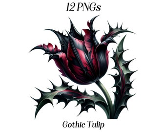 Watercolor Gothic Tulip clipart, 12 PNG files, gothic flowers, black tulips, goth, botanical clip art, illustration, printable graphics