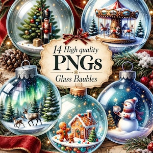 Könnte beinhalten: Eine Sammlung von fünf transparenten Glaskugeln für Weihnachten mit Innenszenen eines geschmückten Baumes mit Nussknacker, einem Karussell, einem Winterwald mit Hirschen, einem Lebkuchenhaus und einem Schneemann mit dem Text 14 High quality PNGs Glass Baubles.