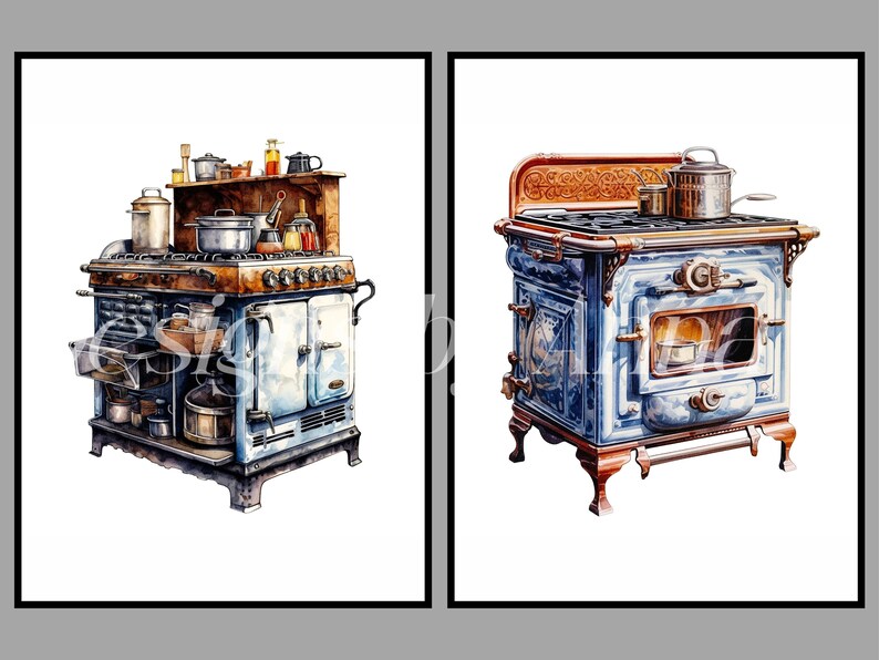 Puede incluir: Dos estufas vintage de esmalte azul y blanco con detalles ornamentados. La estufa de la izquierda tiene un horno de le&ntilde;a y una placa de cocci&oacute;n a gas. La estufa de la derecha tiene un horno de le&ntilde;a y una placa de cocci&oacute;n de hierro fundido.