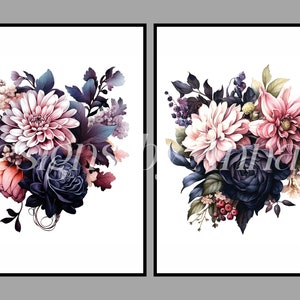 May include: Two printable art prints featuring bouquets of pink and dark purple flowers. The flowers are arranged in a loose, natural style and are set against a white background.
