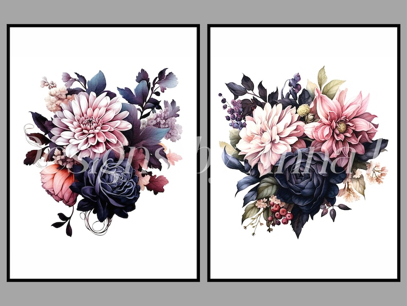 May include: Two printable art prints featuring bouquets of pink and dark purple flowers. The flowers are arranged in a loose, natural style and are set against a white background.