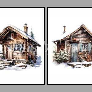 Puede incluir: Dos caba&ntilde;as de madera r&uacute;sticas cubiertas de nieve, una con un porche y la otra con una peque&ntilde;a ventana y una puerta. Ambas caba&ntilde;as est&aacute;n sobre un fondo blanco.