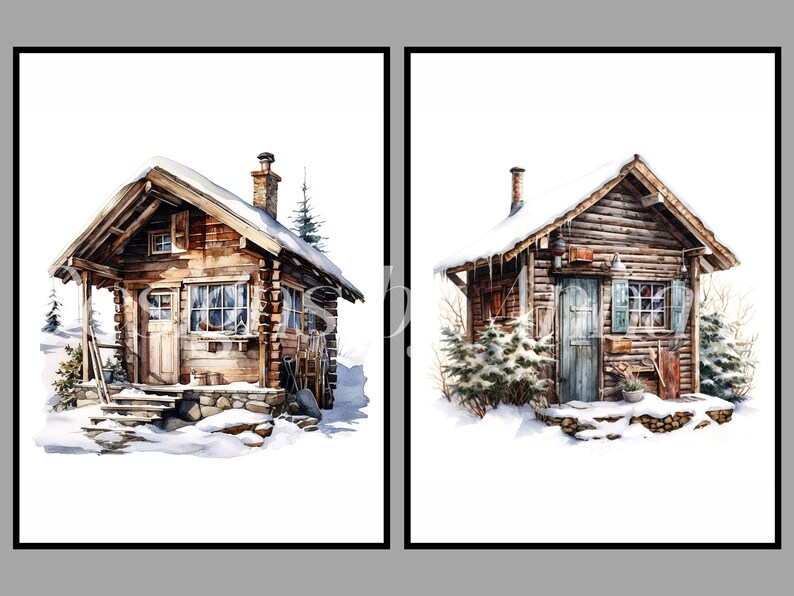 Puede incluir: Dos caba&ntilde;as de madera r&uacute;sticas cubiertas de nieve, una con un porche y la otra con una peque&ntilde;a ventana y una puerta. Ambas caba&ntilde;as est&aacute;n sobre un fondo blanco.