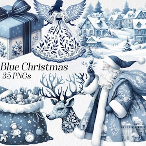 Clipart Noël bleu, vacances d'hiver, Noël aquarelle, père Noël, cadeaux, cloches, téléchargement numérique, graphiques imprimables