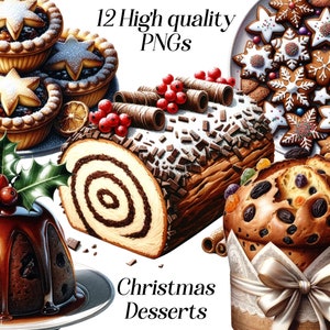 Imágenes prediseñadas de postres navideños de acuarela, 12 archivos PNG de alta calidad, comida navideña, imágenes prediseñadas de dulces, cena festiva, comida de invierno, imprimibles