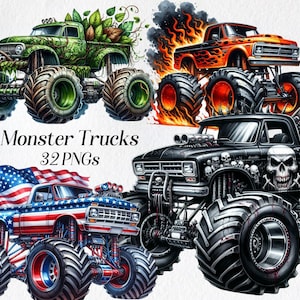 Monstertrucks Clipart, png, Aquarell Lastwagen, Kinder Monstertrucks, Fahrzeuge, coole Monstertrucks, Sublimationsdesign, digitaler Download