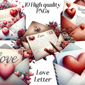 Carta de amor clipart, sobre de San Valentín con acuarela, clip art, png, corazones, correo, arte digital, gráficos imprimibles, ilustración