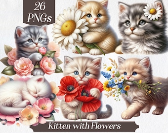 Watercolor Kitten Clipart: Floral Cat PNG Images (Digital Download)