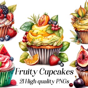 Imágenes prediseñadas de cupcakes de acuarela, 21 PNG de alta calidad, imágenes prediseñadas de postre, imágenes prediseñadas de cupcakes, imágenes prediseñadas de panadería, imágenes prediseñadas de alimentos, gráficos imprimibles