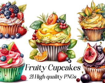 Cupcakes de acuarela, postres de frutas, 21 gráficos PNG (descarga digital)