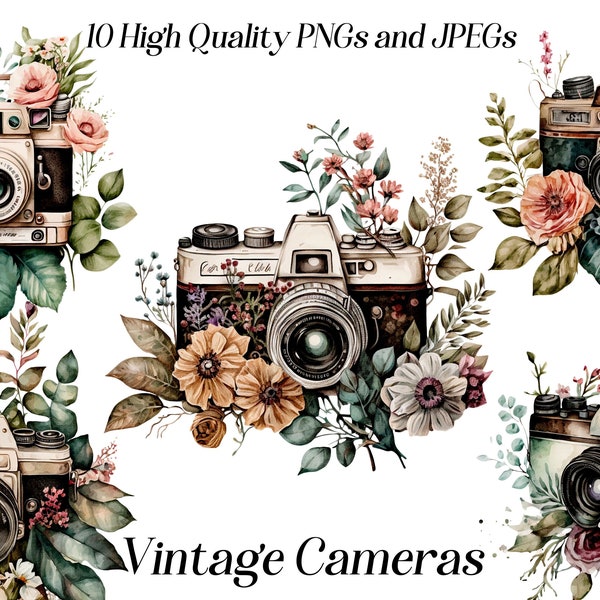 Watercolor Vintage camera clipart, 10 High quality JPEG and PNG files, retro clipart, vintage clipart, photography, printable graphics