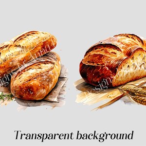 May include: Two loaves of freshly baked bread, one on a wooden board with wheat stalks and the other on a piece of parchment paper with a sprig of rosemary.