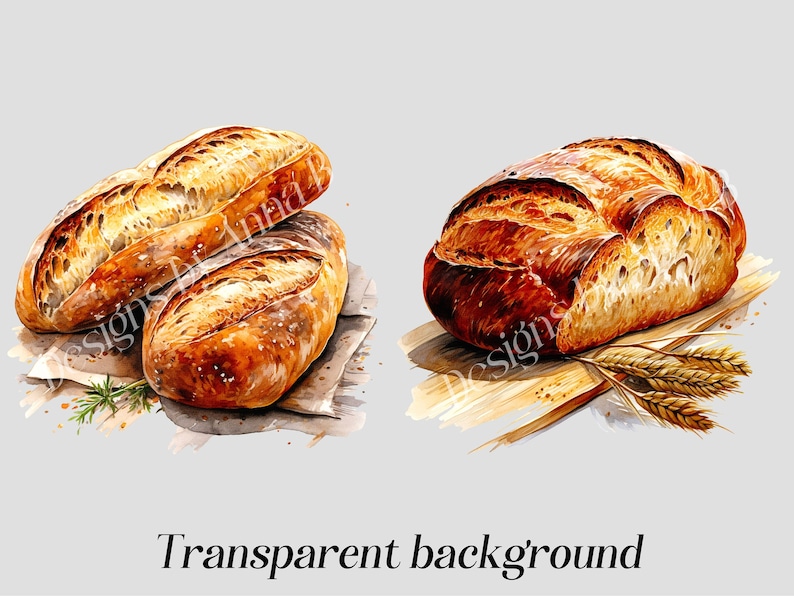 May include: Two loaves of freshly baked bread, one on a wooden board with wheat stalks and the other on a piece of parchment paper with a sprig of rosemary.
