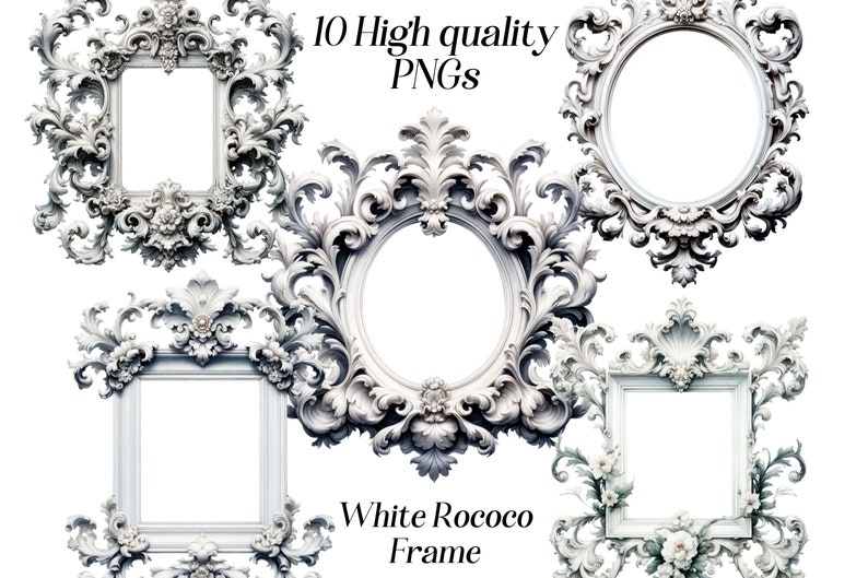 May include: Ten high-quality PNG images of white ornate rococo frames. The frames are in various shapes and sizes, including oval, square, and rectangular.  The frames are all intricately detailed with floral and scrollwork designs.  White Rococo Frame.