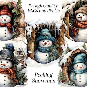 Clipart bonhomme de neige aquarelle, 10 fichiers JPEG et PNG de haute qualité, bonhomme de neige furtivement, bonhomme de neige caché, vacances d'hiver, fabrication de cartes, produits à imprimer