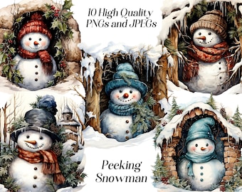 Watercolor snowman clipart, 10 high quality JPEG and PNG files, peeking snowman, hiding snowman, winter holidays, card making, printables