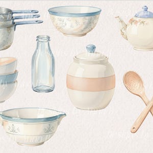 May include: Watercolor illustration of various kitchenware items, including measuring cups, bowls, a teapot, a milk bottle, a jar, and wooden spoons. The items are in soft pastel colors, with blue and peach accents, creating a vintage aesthetic.