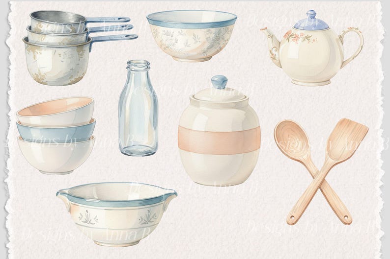 May include: Watercolor illustration of various kitchenware items, including measuring cups, bowls, a teapot, a milk bottle, a jar, and wooden spoons. The items are in soft pastel colors, with blue and peach accents, creating a vintage aesthetic.