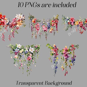 May include: A set of 10 digital floral clipart images with a transparent background. The images feature various arrangements of pink, purple, blue, and white flowers with green leaves.
