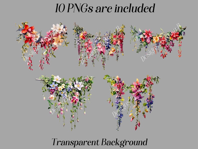 May include: A set of 10 digital floral clipart images with a transparent background. The images feature various arrangements of pink, purple, blue, and white flowers with green leaves.