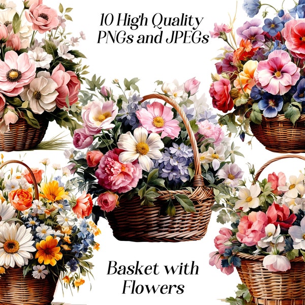 Watercolor basket with flowers clipart, 10 high quality JPEG and PNG files, floral clipart, card making, scrapbooking, printables