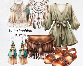 Clipart mody boho: akwarelowe obrazy PNG w stylu boho (pobieranie cyfrowe)