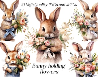 Watercolor bunny clipart, 10 high quality JPEG and PNG files, rabbit with flowers, floral bunny, cute bunny graphics, digital illustration