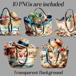 May include: Ten digital images of various beach totes, each filled with different items. The totes are made of canvas and have different patterns and designs. Some totes have a straw-like texture. The totes are filled with items such as towels, sunscreen, hats, and other beach essentials. The background is transparent.
