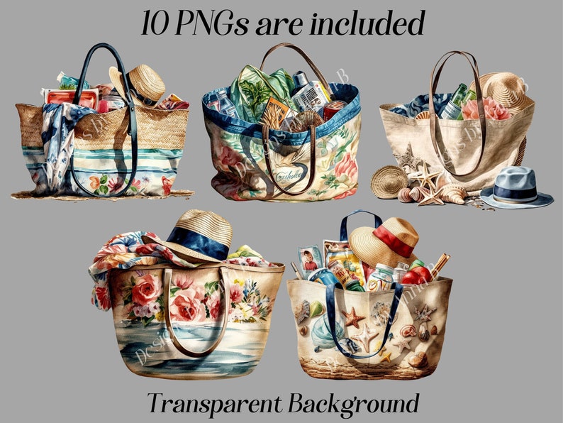 May include: Ten digital images of various beach totes, each filled with different items. The totes are made of canvas and have different patterns and designs. Some totes have a straw-like texture. The totes are filled with items such as towels, sunscreen, hats, and other beach essentials. The background is transparent.