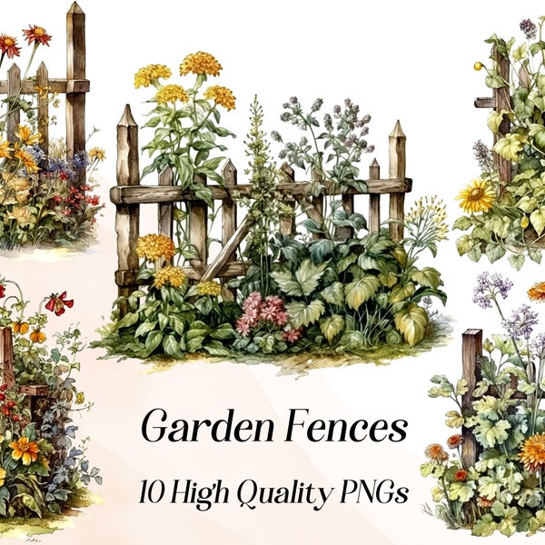 Watercolor Garden Fence clipart, 10 High Quality PNGs, wooden fence png, floral fence clipart, garden clipart, rustic clipart