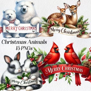 Feliz Natal animais clipart, aquarela natal clip art, png, feliz natal citação, banner, fofos gráficos de natal, ilustração