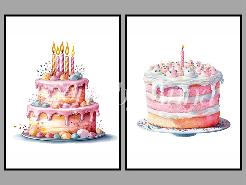 Watercolor Birthday Cake Clipart: JPEG & PNG Files (digital Download ...