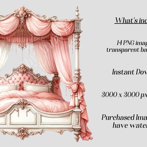 May include: A white four-poster bed with a pink canopy and pink bedding. The bed has ornate carvings and a tufted headboard. The image includes the text "What's included: 14 PNG images with transparent background Instant Download 3000 x 3000 px at 300DPI Purchased Images won't have watermark"