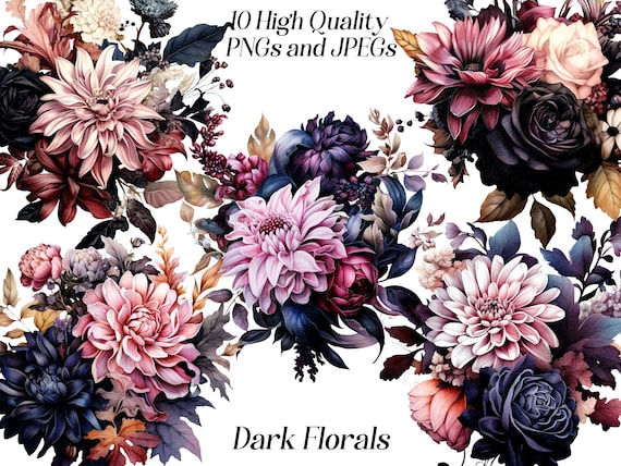 Watercolor Dark Floral Clipart: Gothic Illustration (JPEG, PNG)