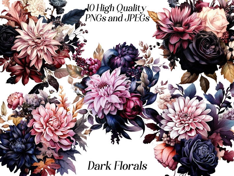 May include: A digital illustration of 10 high-quality PNG and JPEG dark floral bouquets. The bouquets feature a variety of flowers in shades of pink, purple, and blue, including dahlias, roses, and other blooms. The flowers are arranged in a romantic and whimsical style, with lush greenery and delicate details.