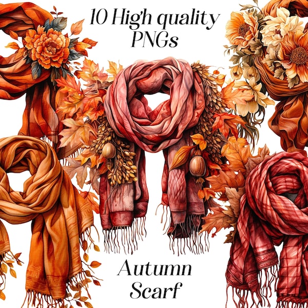 Watercolor Autumn Scarf clipart, 10 high quality PNG files, Cozy scarf clip art, fall fashion illustration, printable graphics