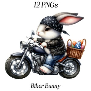 Aquarell Biker Bunny Clipart, 12 PNG-Dateien, süßes Kaninchen, Motorrad, Kaninchen fahren, süße Tiere Clip Art, Kaninchen Illustration, Sublimation