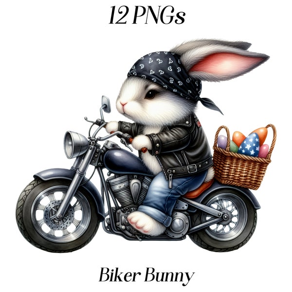 Watercolor Biker Bunny clipart, 12 PNG files, cute rabbit, motorbike, bunny driving, cute animals clip art, bunny illustration, sublimation