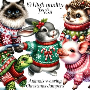 Acuarela Animales en imágenes prediseñadas de Christmas Jumpers, 19 archivos PNG de alta calidad, animales lindos, vacaciones de invierno, gráficos festivos e imprimibles