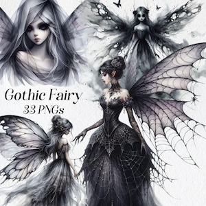 ゴシック妖精クリップアート、水彩ダーク妖精クリップアート、png、ハロウィーン、ダークファンタジー、ゴスの翼、印刷可能なイラスト、デジタルダウンロード